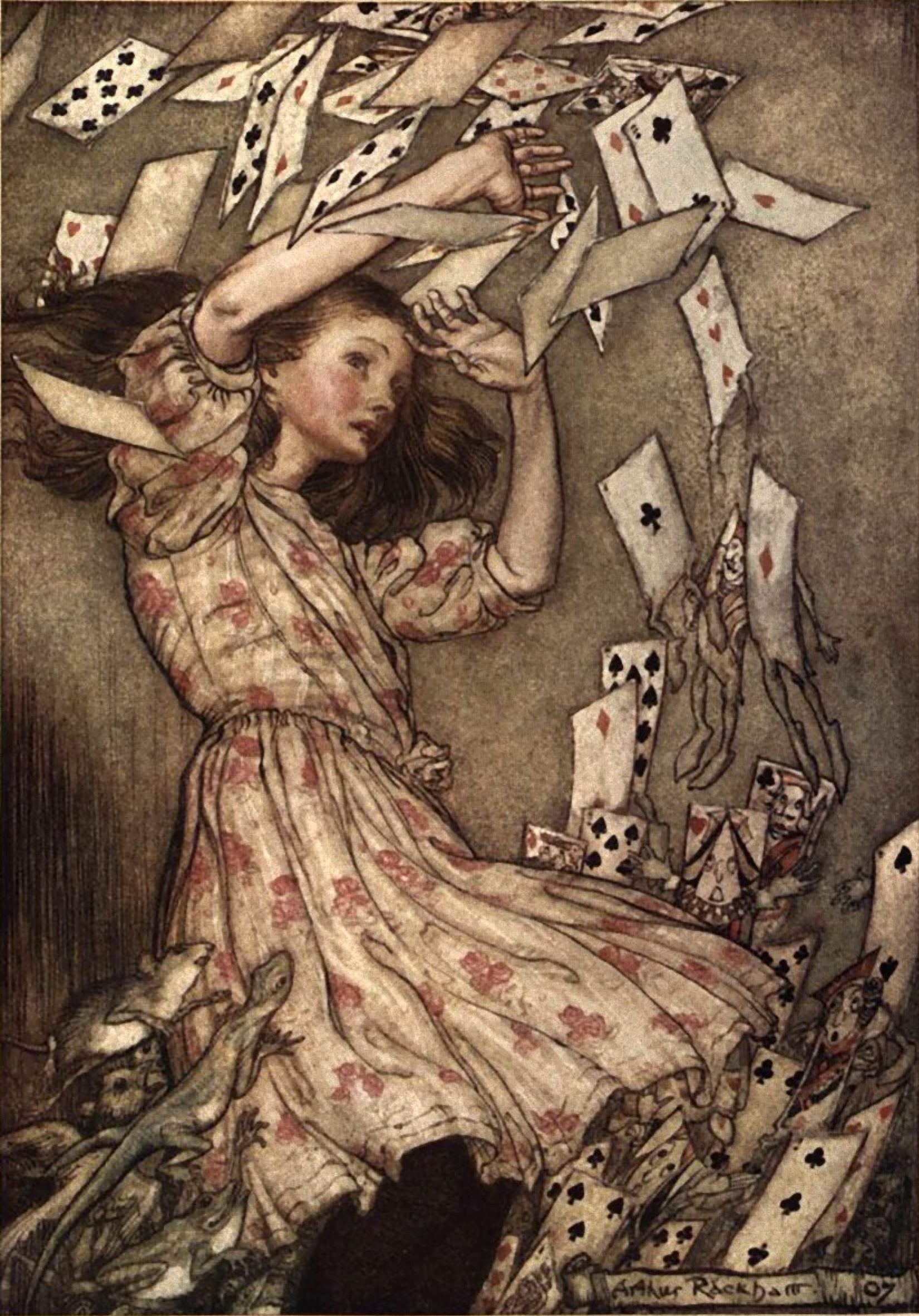 Illustration of a woman surrounded by playing cards, with a dark background