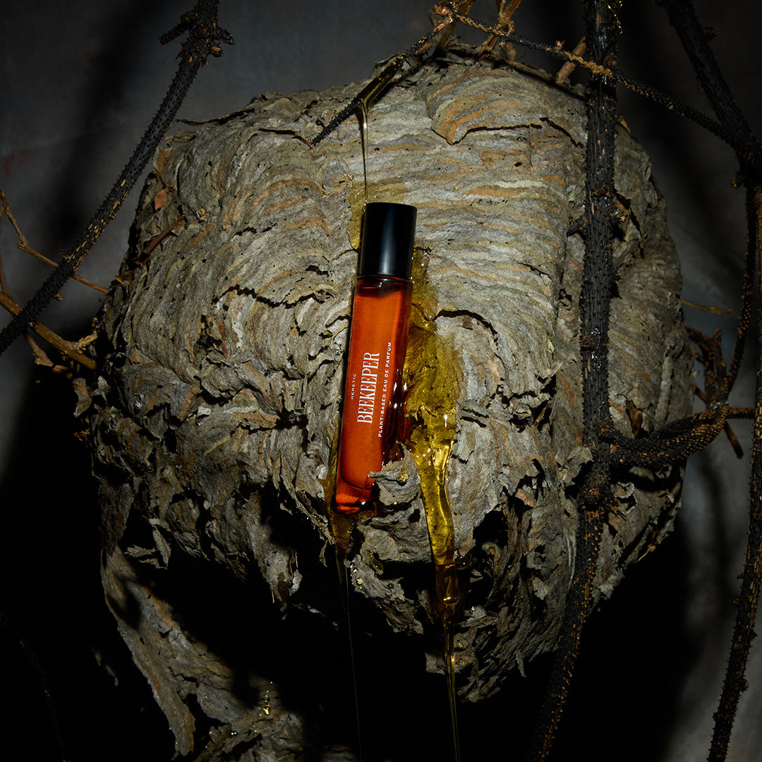 Beekeeper's bottle on a wasp nest with a dark background