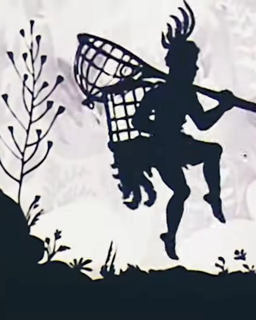 Silhouette of a fairy with a net against a white background