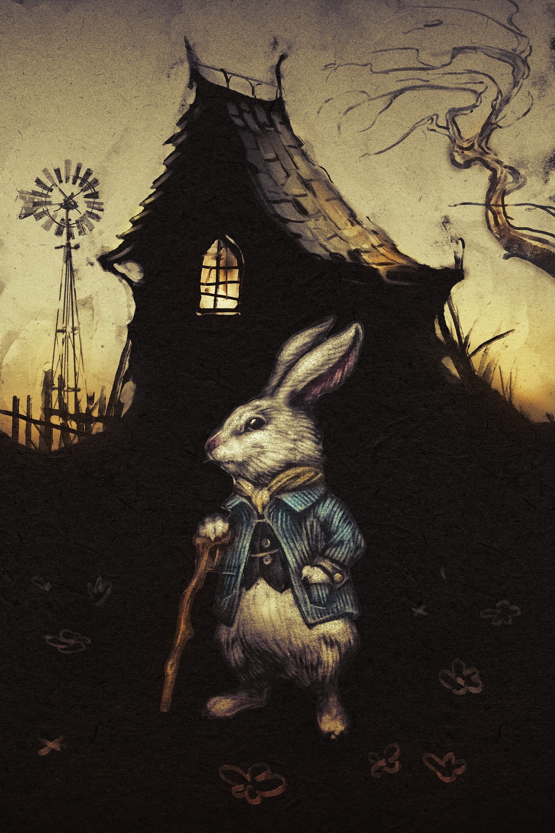 Illustration of a rabbit in a coat standing in front of a small house with a windmill in the background.