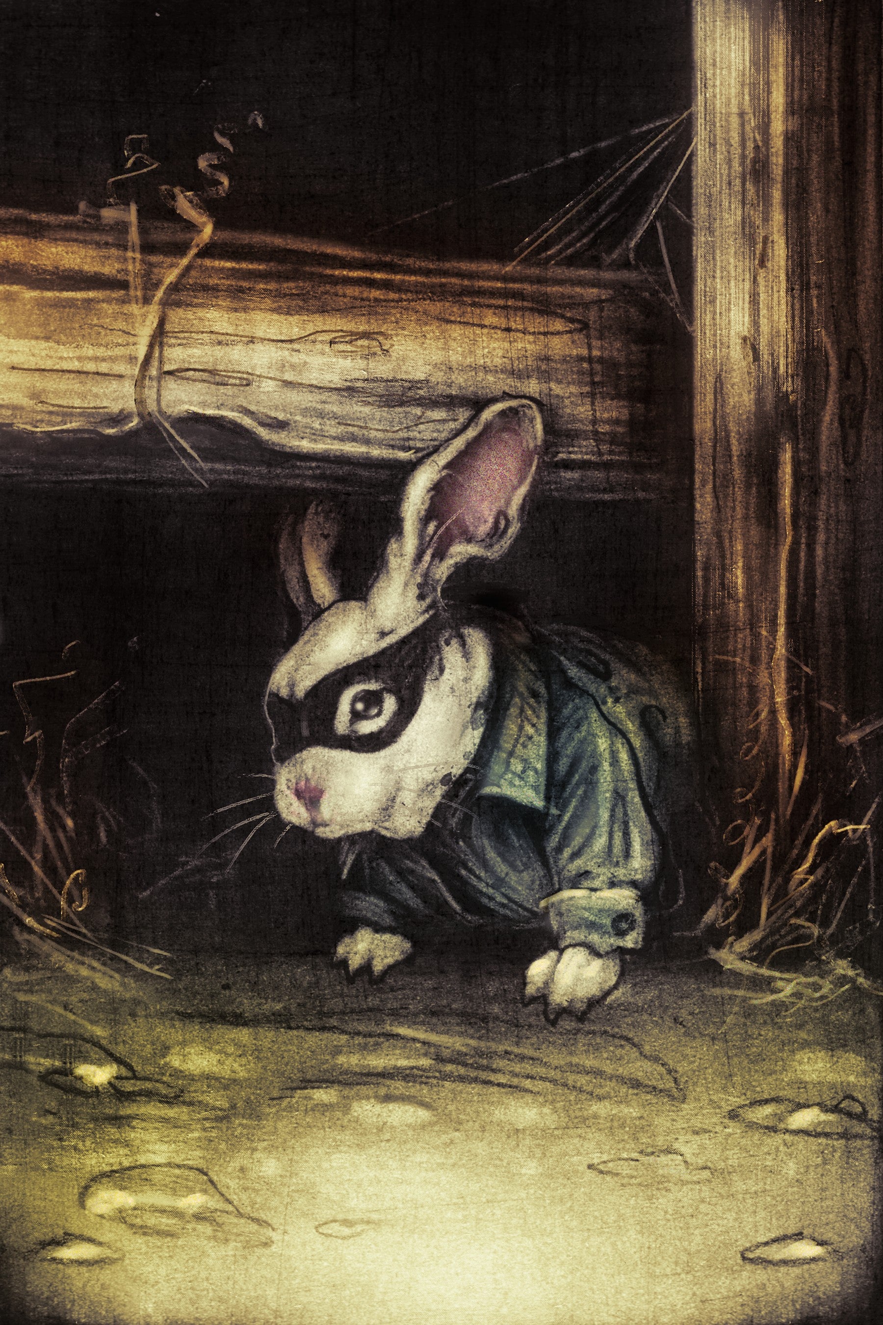 Illustration of a rabbit in a dark setting with a wooden log and straw.