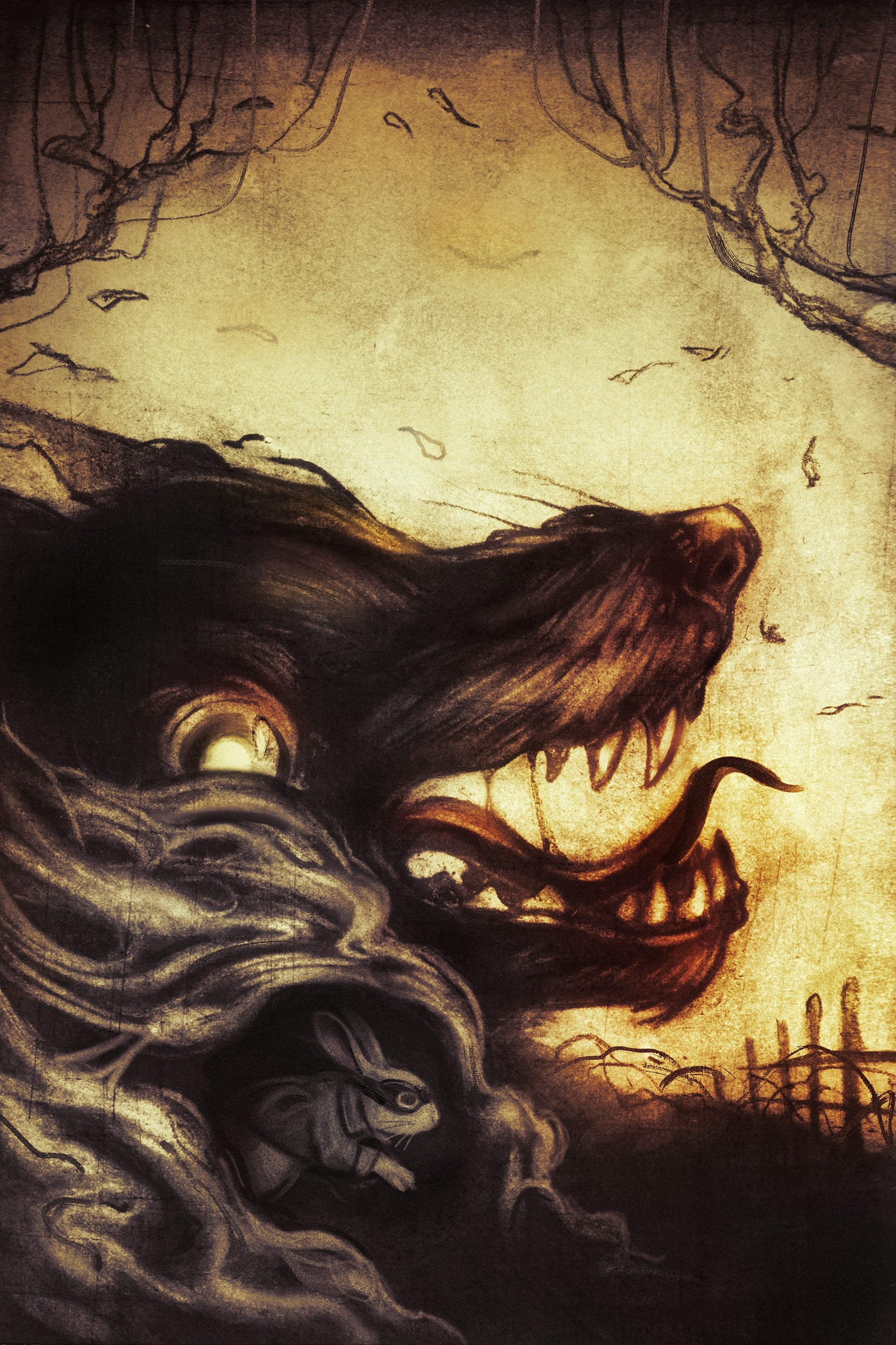 Artistic depiction of a wolf and a person with a dark, eerie background