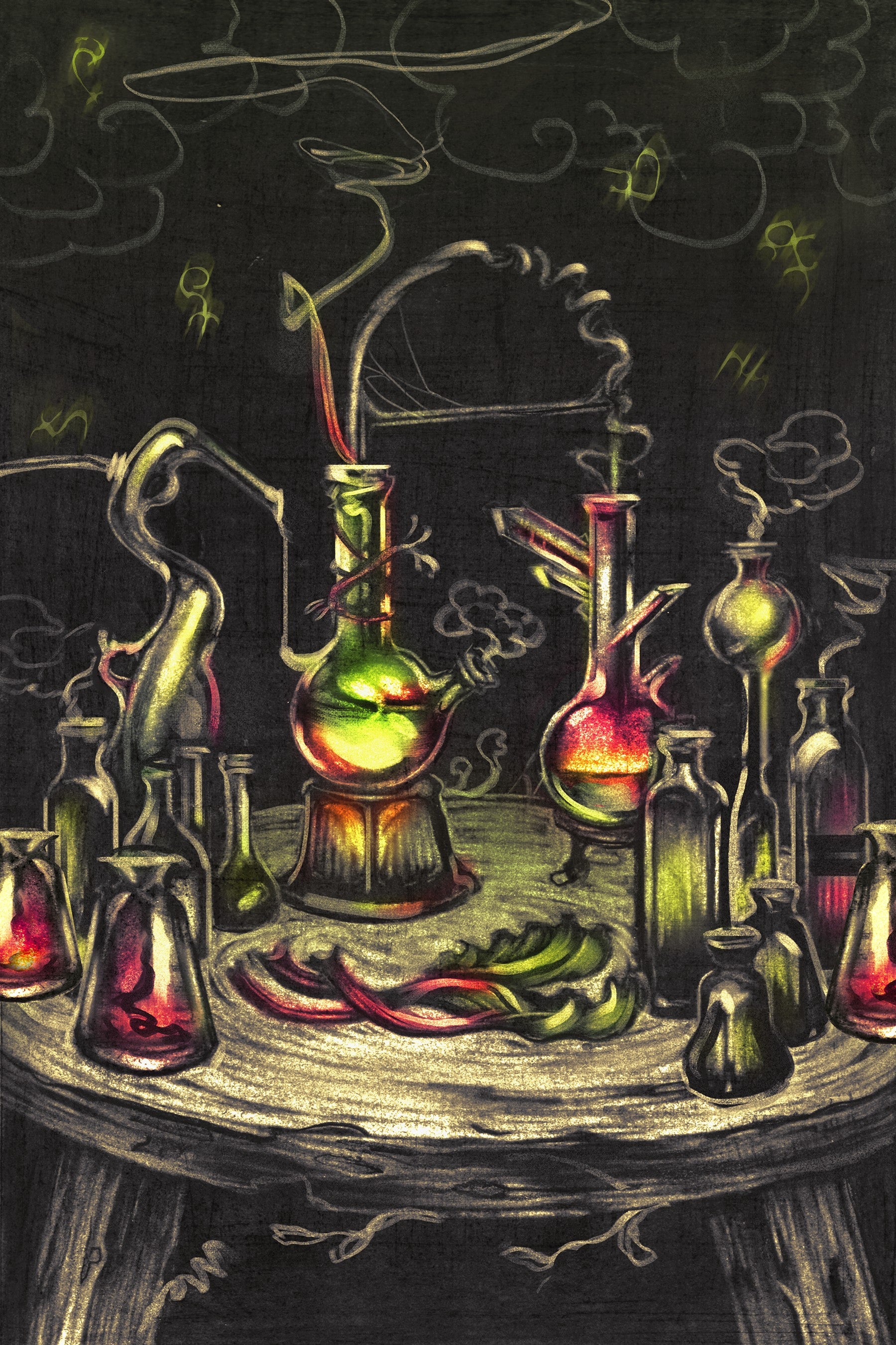 Illustration of potions with glowing bottles on a dark background
