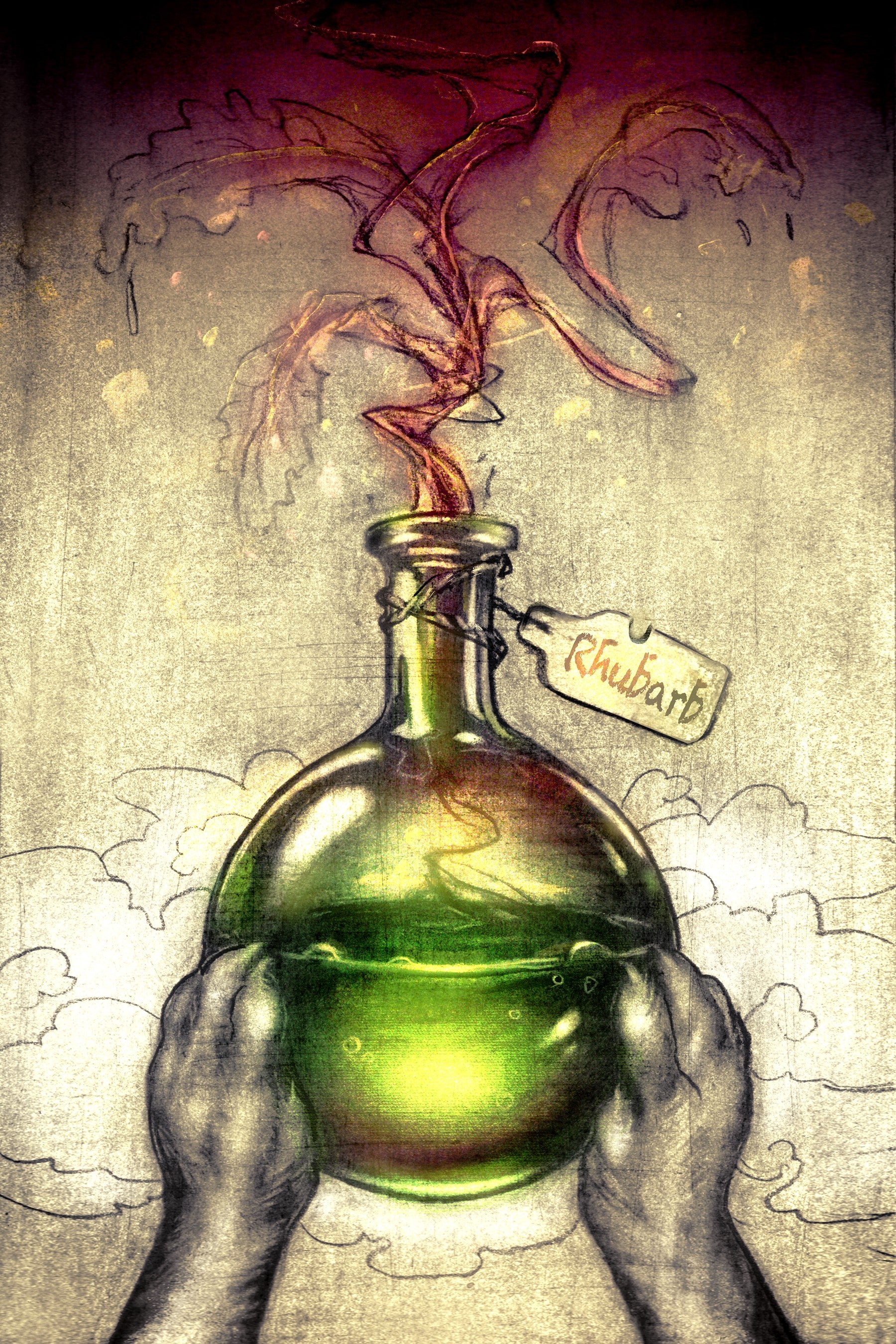 Green potion in a bottle labeled 'Rhubarb' held by hands against a mystical background.