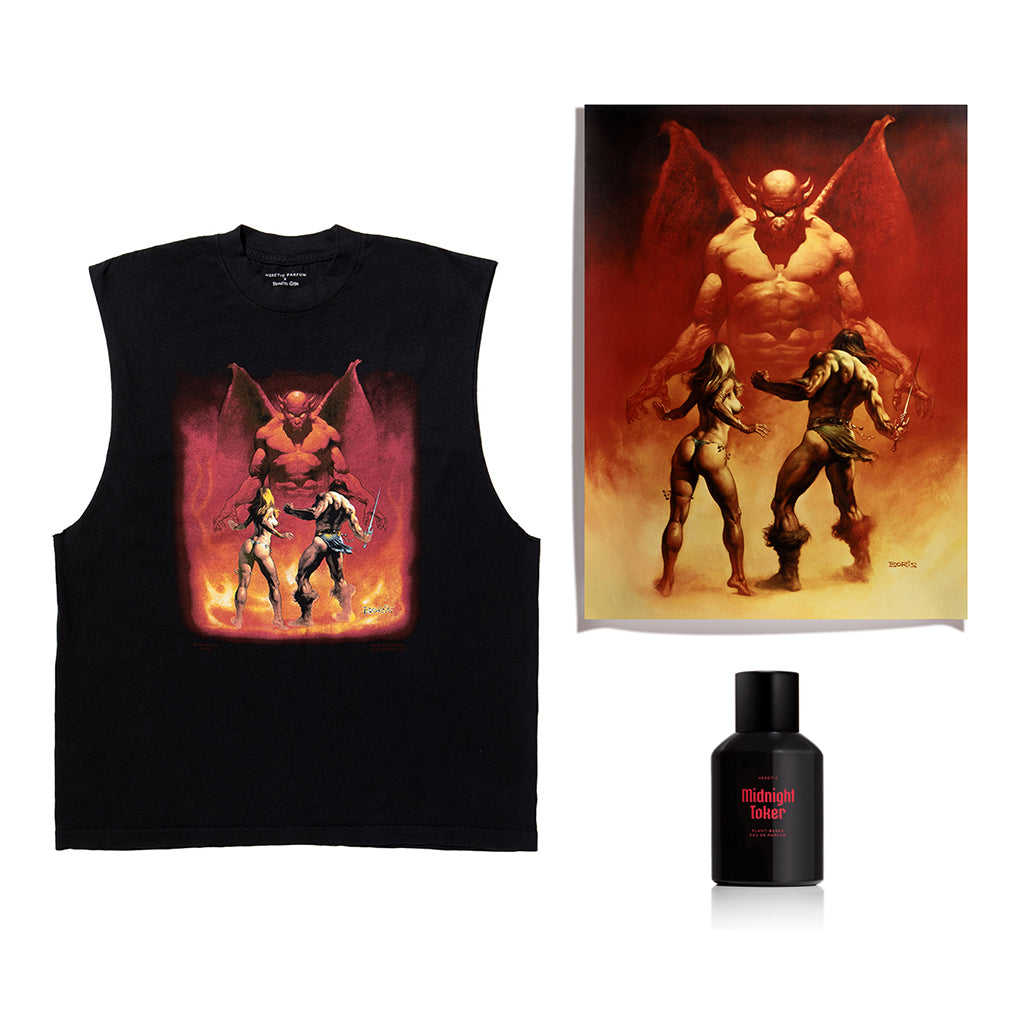 Black sleeveless shirt with graphic design, poster, and perfume bottle on a white background
