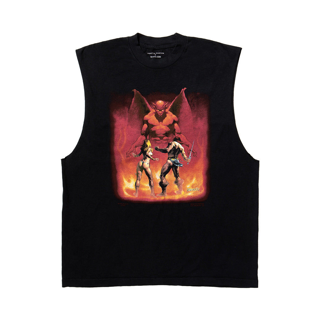 Black sleeveless shirt with a graphic design of a demon and two warriors on a white background