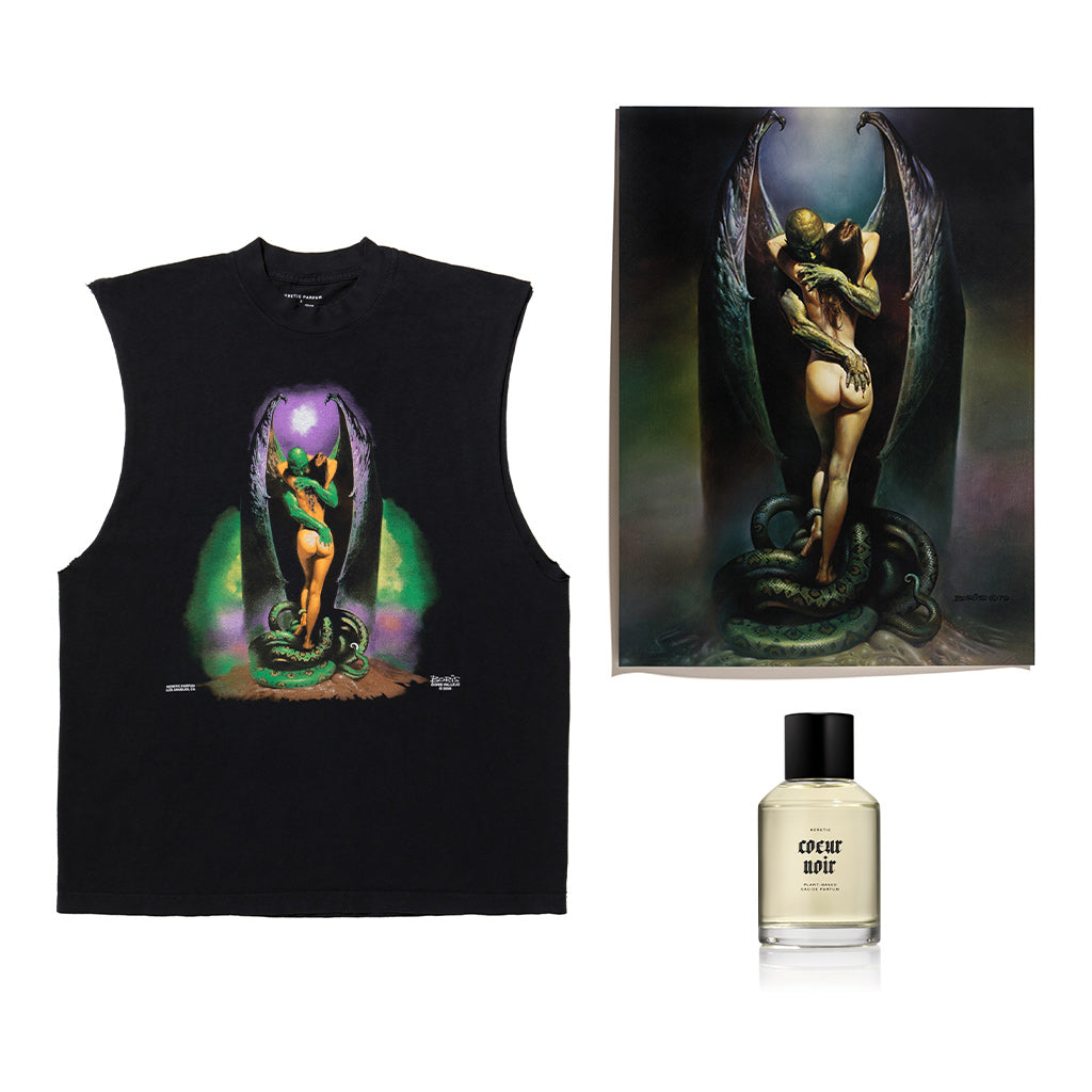 Black sleeveless shirt with artistic design, artwork print, and Coeur Noir perfume bottle on a white background
