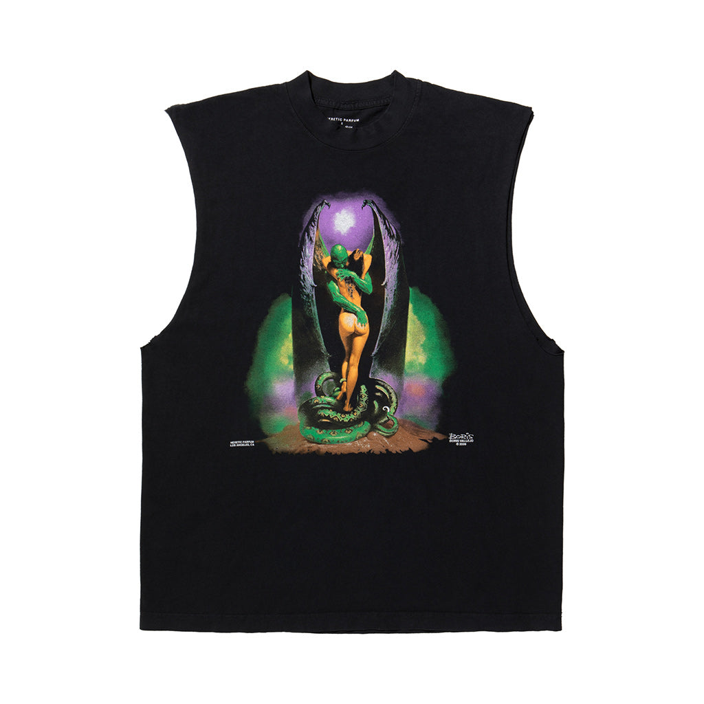 Black sleeveless shirt with Boris Vallejo graphic design on a white background